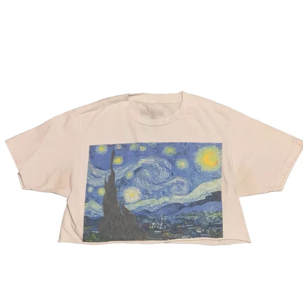 Vincent Van Gogh Starry Night Cropped White Graphic Tee Shirt 100% Cotton Size S